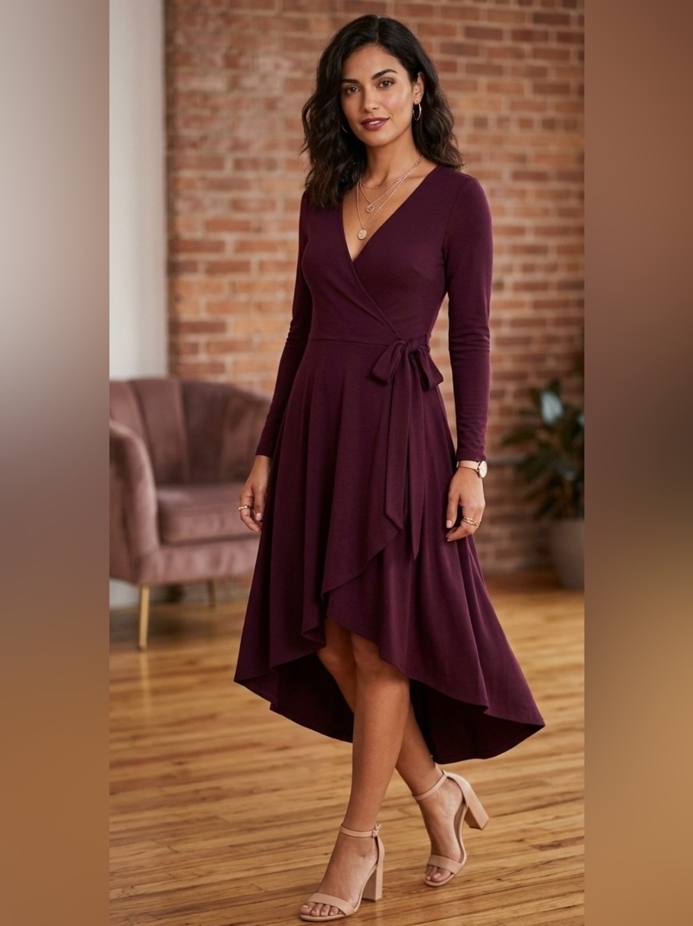 Deep Wine Red Faux Wrap Dress with Side Waist Tie – Size Small